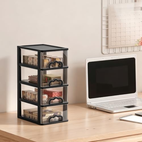 Cididu Desktop Organizer with 4 Drawers, Clear Plastic Storage Drawer Unit, Small Desk Organizer Storage Box, Durable Storage Bin Container Case for Countertop Stationery Pens Makeup Office Supplies