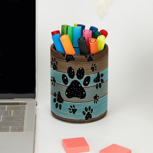 Teal Brown Wood Grain Galaxy Paws Pen Holder Pencil Organizer Cute Pencil Cup Desk Decor Makeup Brush Holder PU Multifunctional Office Supplies for Home Classroom School