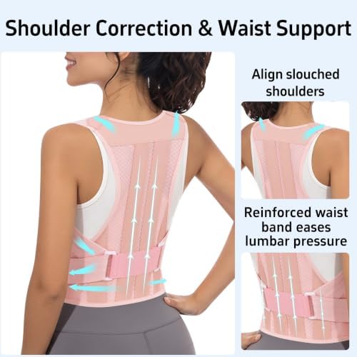 Posture Corrector for Women and Men Full Back Support Brace Adjustable Breathable Full Back Shoulder Straightener for Scoliosis (Pink, X-Large)