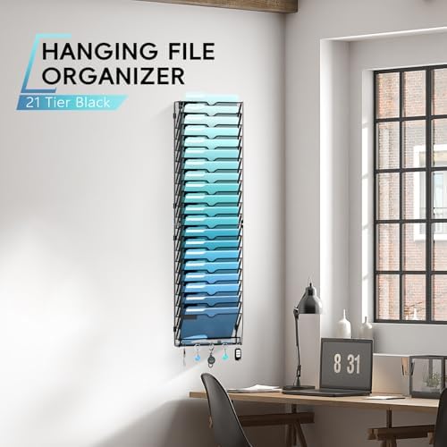 21-Tier Wall File Organizer and Mail Organizer with 5 Hooks, Black