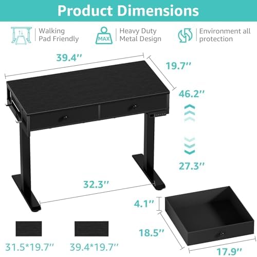 KLUVIS Black Adjustable Desk with Storage, 39 Inch Small Black Desk with Drawers, Small Space Stand Up Computer Desks for Home Office Bedroom, Sit Stand Work Desks for Walking Pad