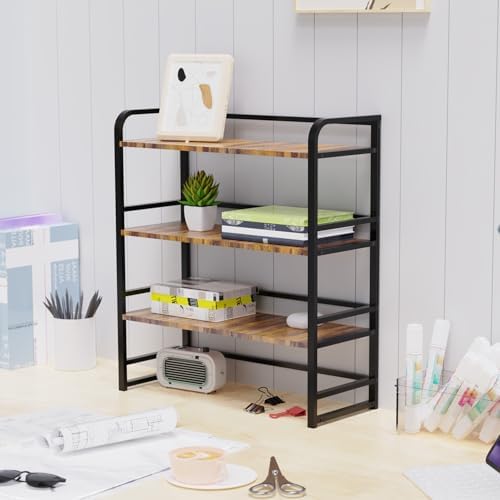 Office Desk Shelf Organizer, Wood Desktop Bookshelf Supplies Storage Rack, Shelf for Top of Desk and Dresser and Cubicle Decor Aesthetic Bookshelf (Black Brown, Three Tier, 15.75Lx7.87Wx22.05H)