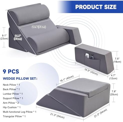 Yojoker Orthopedic Bed Wedge Pillow Set for Sleeping, Post Surgery Foam for Body, Back and Leg Pain Relief Comfortable & Adjustable Support Pillows-Anti Snoring, Heartburn (Full Gray, 9 Piece Set)