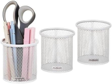 Mind Reader Pen and Accessories Holder, Desktop Organizer, Office, Metal Mesh, 3.5"L x 3.5"W x 3.75"H, Set of 3, White