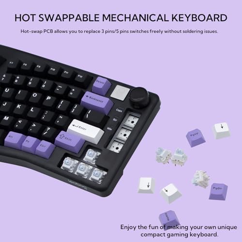A75 Alice-Layout Mechanical Keyboard with Rocker and Knob,Hot Swappable Triple Mode Gaming Keyboard with Cute Cat Keycaps for Win/Mac,Gasket,RGB Backlight,4000mAh Battery (Black Purple)