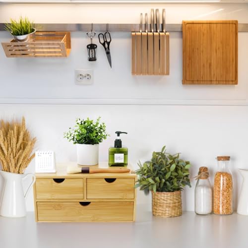 Charmewooden Bamboo Desk Organizer with 3 Drawers, Countertop Organizer with Drawers Makeup Storage Drawer 3 Drawers Tabletop Storage Organization Box Home Office Workspace