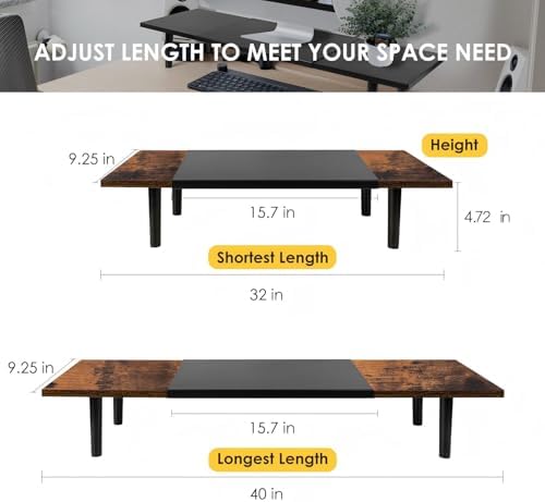 Across-Star Dual-Monitor-Stand-Riser-For-Desk Adjustable Length 32-40 Inch，Large Desktop Computer Monitor Riser For 2 Screens，Desk Shelf Organizer Riser Stand For Computer/Laptop/PC/Printer/TV Black
