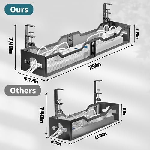 Under Desk Cable Management Tray Black, Litwaro Cable Management Under Desk No Drill, 25'' Cable Tray with Clamp for Wire Management, Cord Organizer for Office, Home - No Damage to Table
