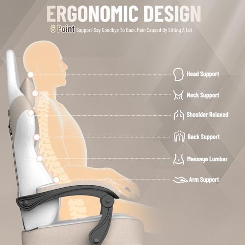 Ferghana Cotton Fabric Gaming Chair - Wider Seat Cushion, Shield-Shaped Embroidery, Ergonomic High Back with Footrest, Computer Gamer Chair for Adults Featuring Massage Lumbar Support, Beige