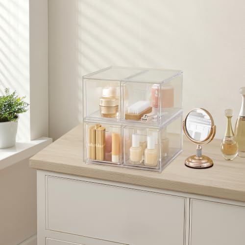 STORi Stackable Desk Organizer drawers, Clear Pen Pencil Makeup Brush drawers for Desktops and Vanities, 4 Tall Drawers (Made in USA)