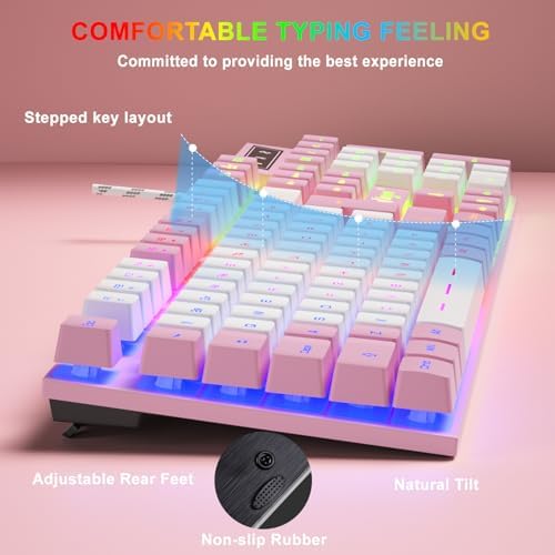 BlueFinger RGB Gaming Keyboard and Backlit Mouse Combo, USB Wired, LED Gaming Set for Laptop PC Computer Game and Work (Pink & White)