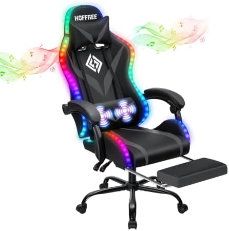 HOFFREE LED Gaming Chair with Speakers RGB Lights Computer Chairs-Grey