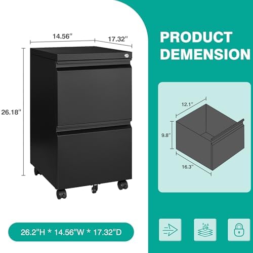 SISESOL Assembled 2 Drawer File Cabinet on Wheels,Metal Filing Cabinet with Lock,Black Rolling File Cabinets,Under Desk Office Cabinets for Home Office,Fit A4/Letter/Legal,Pre-Assembled Except Caster