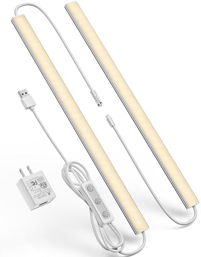 Plug-in Under Cabinet Lighting, Dimmable Under Counter Lights for Kitchen, 2pcs 12 Inch, Warn White 3000K Linkable USB Led Closet Light, Wired Indoor Night Lights Bar for Desk,Sink,Workbench