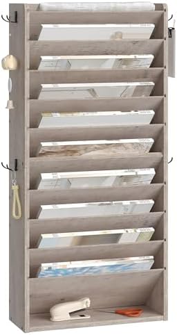 CHOEZON Wall File Organizer, 10-Tier Hanging Mail Organizer, Wall Mount File Holder with 4 Side Hooks, Industrial Mail and Storage Organizer, Wooden Vertical Hanging Holder for Office, Greige MWJ03FH