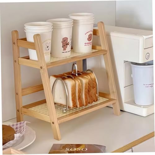 Desktop Organizer, Desk Organizer Shelf, 10.6x7.1x11.2 Inch 2 Tier Rattan Wood Desktop, Flower Pot Stand for Office, Home