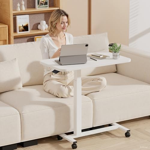 GTPLAYER Small Standing Desk with Lockable Wheels, Pneumatic Mobile Rolling Laptop Desk,Adjustable Height Overbed Bedside Table Computer Workstation for Home Office (28" W x 16" D, White)