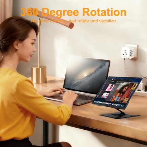 Adjustable Ergonimic Foldable Tablet Stand for Desk with 360 Rotating Base,Compatible with iPad/iPhone Portable Monitor Between 9-17 Inches for Office Desk,Black