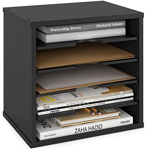 Ballucci 5-Tier File Organizer for Desk, Wooden Mail Sorter, Office Desk Organization, Paper Storage Organizers, Folder holder for desk, Letter Trays & Stacking Supports, Adjustable Shelves, Black