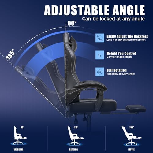 GTPLAYER Gaming Chair with Footrest, Recliner Chair with Headrest & Lumbar Support, Linkage Armrest,Ergonomic Gaming Chair 350lbs, High Back Office Home, Black