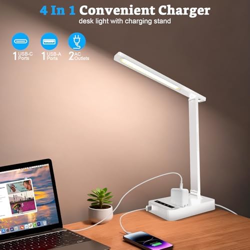 Smart Desk Lamp with 4-in-1 Charging Station (2 AC outlets, Type-C, USB-A ports), 5 color temperatures and 5 brightness levels, adjustable gooseneck arm, eye-friendly lighting for desks, bedrooms