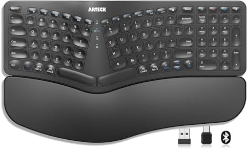 Arteck Ergonomic Keyboard with Cushioned Wrist Palm Rest, Multi-Device Wireless Bluetooth with USB-A USB-C Receiver Comfortable Ergonomic Split Keyboard, for Windows Computer Laptop PC Tablet
