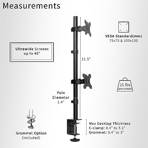 VIVO Dual Vertically Stacked Ultra-Wide Monitor Desk Mount, Extra Tall Heavy Duty Adjustable Stand for 2 Ultrawide Screens up to 45 inches, 25 lbs Per Screen Capacity, Black, STAND-V200R