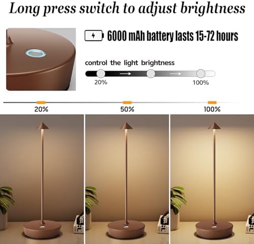 2Pack Rechargeable Cordless Table Lamp, Portable Powered LED Battery 6000mAh Metal USB Desk Lamp, 3 Levels Brightness Light for Restaurants Outdoor (2pack Coffee)