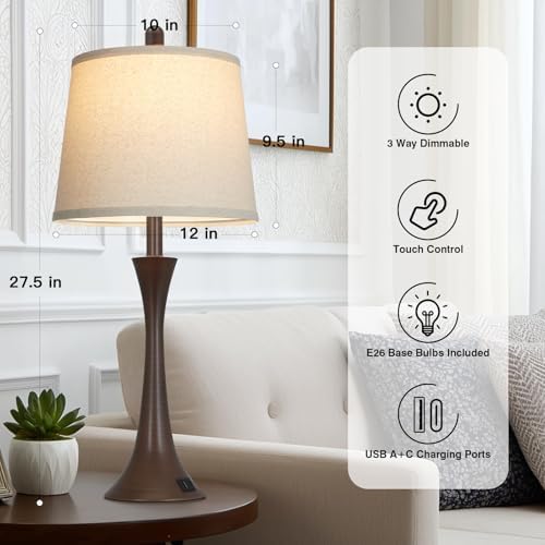 Rinweey 27.5" Table Lamps Set of 2, Touch Bedside Lamps with USB C+A Ports, 3 Way Dimmable Nightstand Lamps for Bedroom, Living Room, Office, Brown Lamp with Beige Lampshade, Bulbs Included