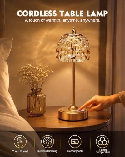 Nusogon Cordless Glass Table Lamp, 5200mAh Small Rechargeable Touch Lamp