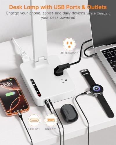LED Desk Lamp with USB Charging Port for Dorm Office, 800lm, CRI 92, White