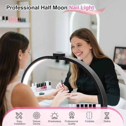 Half Moon Light for Nail Desk: 29in LED Arch Nail Tech Table Lamp with Phone Holder - Salon Professional Desk Light 3 Color Modes & 10 Brightness Lighting for Manicure Technician Use（Black,Large）