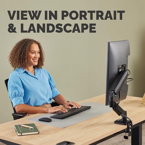 Fellowes Everyday Plus Single Gas Spring Monitor Arm Supports up to 32" Screens Weighing 4.4-19.84 lbs, Height Adjusting, Tilt, Swivel, Rotate, VESA 75/100, Clamp or Grommet Mount, Cable Management