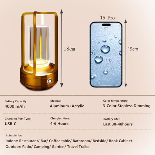Outdoor Table Lamp, 4000mAh Rechargeable Battery Cordless lamp(Gold)
