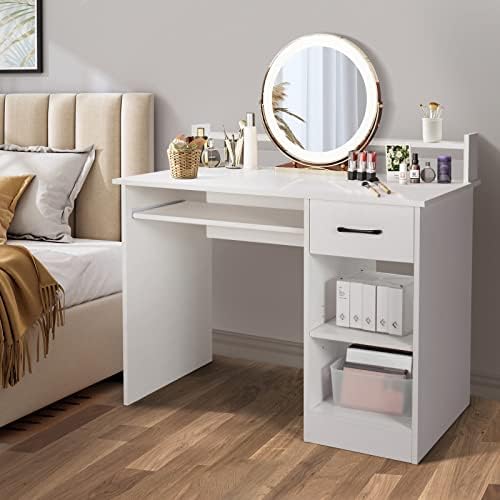 Computer Desk with Hutch & Keyboard Tray, Home Office Workstation with Drawer, Adjustable Shelves, Modern Vanity Table for Bedroom, Wooden Writing Study Laptop PC Desk (White)