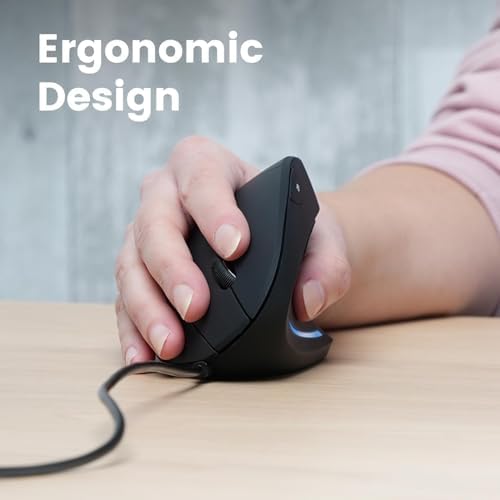 Perixx PERIMICE-513C Wired Vertical USB-C Mouse, 6 Buttons, Adjustable 1000/1600 DPI, Right-Handed, 5.9ft Cable, Black