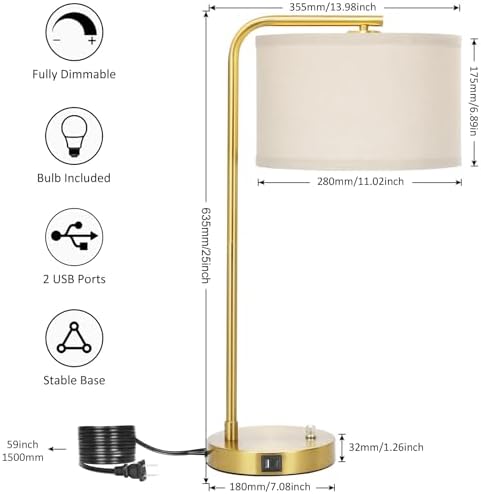 Mordern Gold Table Lamp, Fully Dimmable Bedside Lamp with C+A USB Ports