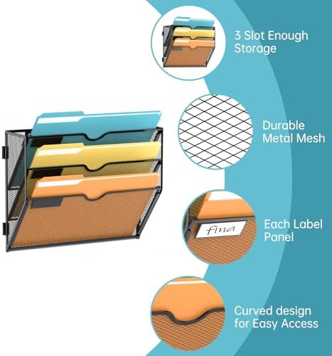 SUPEASY 3 Tier Wall File Organizer, Hanging Wall Mounted Mail Organizer with Label Slots, Metal Mesh File Holder Magazine Rack for Office, Home, School or Classroom, Black, 2Pack