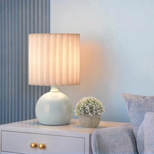Ziqqeelam Blue Small Table Lamp with Scalloped Linen Shade, Mini Blue Table Lamp for Bedroom Nightstand, Cute Desk Night Light for Living Room, Bookshelf, Kitchen Counter, Kids Room, Office