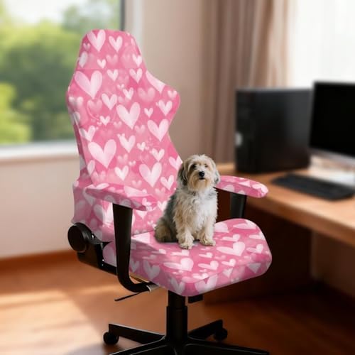Heart Print Gaming Chair Cover with Armrest Covers Stretchable Anti Scratch Furniture Protector Anti Slip Washable Office Chair Slipcover for Valentine's Day