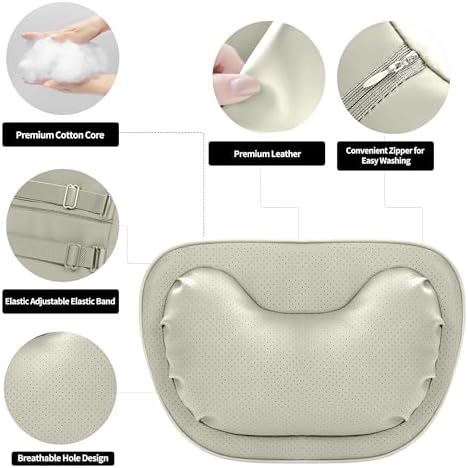 Car Neck Pillow [No More Pressure] Soft Comfortable Premium Leather Headrest with Adjustable Strap – Ergonomic Support for Driving, Office & Gaming, Off White (Beige), 2 Pack