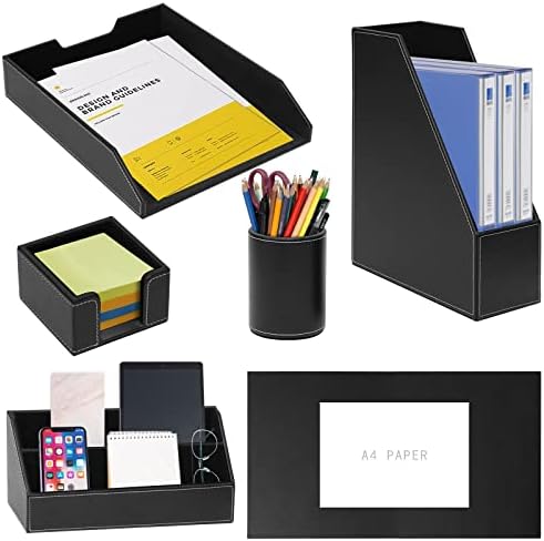 6 Piece Office Supplies/Desk Organizer Set with Desktop Leather Writing Pad,File Paper Tray,Magazine folder Holder, Pen Cup,Sticky Note Holder,Letter Mail Sorter,Workspace Decor for Women Men Black
