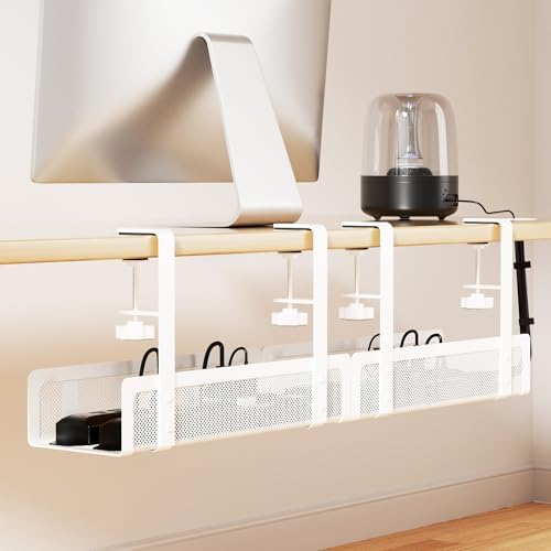 [Upgraded] 2 Pack Cable Management Under Desk Tray, Xpatee 27.6" No Drill Open Slots Cable Management Tray, Cord Wire Organizer Box with Clamp for Table Thickness up to 3" - No Desk Damage(White)