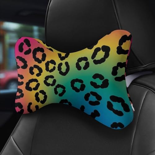 2 Pcs Car Neck Support Pillow Rainbow Cheetah Leopard Print Multi Use Memory Foam Cushion for Driving Travel Home Office Reading