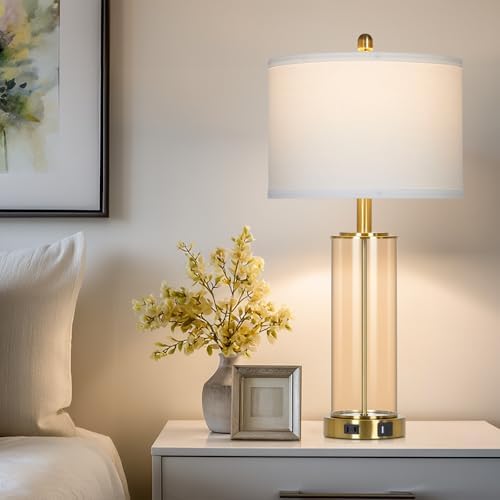 Ruzectt 26" Glass Table Lamp Single, 3-Way Dimmable Touch Control Living Room Lamp with USB C+A Ports & AC Outlet, Modern Bedside Lamps, Bedroom Lamps for Nightstand Side End Table Desk, Brown-1PK