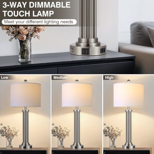 28" Tall Modern Table Lamp with USB C+A Ports and AC Outlet, 3 Way Touch Metal Bedside Lamps for Bedroom, Silver Nightstand Lamp for Living Room