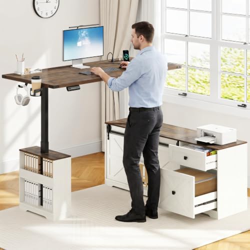 St.Mandyu L Shaped Electric Standing Desk 63" White with Power & Storage