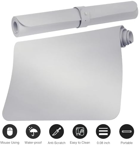 Boutilon Leather Desk Pad Protector,Non-Slip Mouse Pad,Laptop Desk Pad,Office Mouse Mat,Waterproof Leather Desk Blotter,Desk Writing Pad for Office and Home (L-Silver,35"x 17")