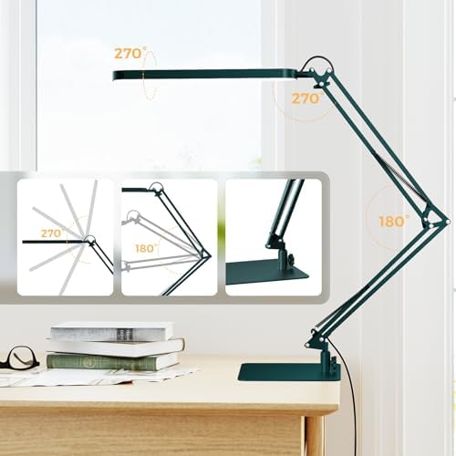 SKYLEO LED Desk Lamp with Slim Base - Adjustable Swing Arm Desk Light, Dimmable, Timer, Eye Protection, Memory Function, 1300LM, 12W, Green
