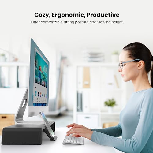 Klearlook Computer Monitor Stand for Desk, Adjustable Foldable Monitor Riser with Storage Drawer & Tablet Phone Holder for Office, Home, Laptop, Desktop (Black 2 Pack)